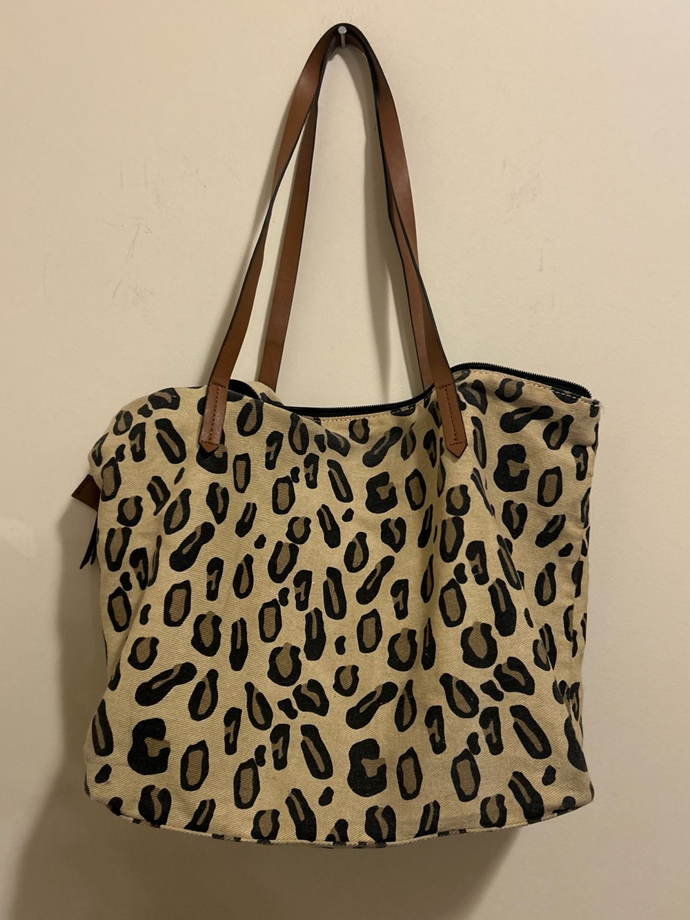 Leopard Print Canvas Tote with Brown Shoulder Straps